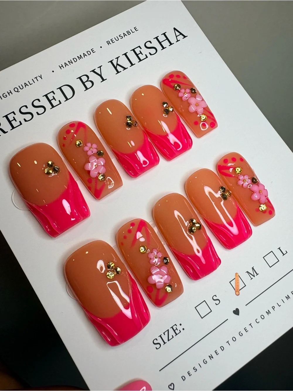 Pink French Tip Press-On Nails with Floral Accents